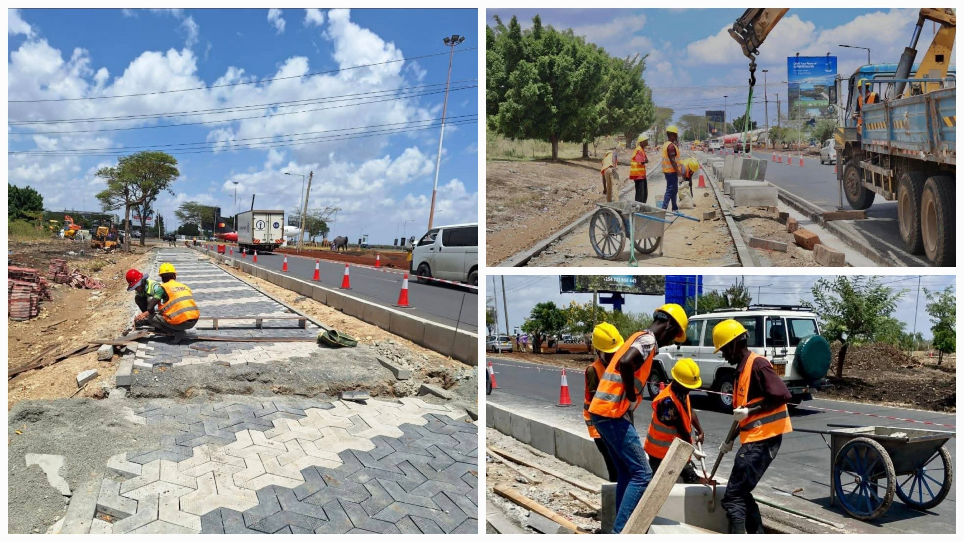 Construction workers laying interlocking paving blocks for a new pedestrian walkway along the road leading to Jomo Kenyatta International Airport.