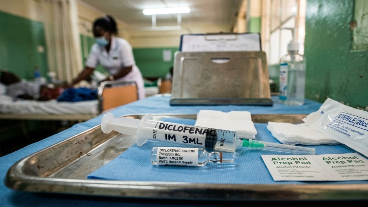 A close-up of medical supplies and a syringe on a sterile surface in a hospital setting.