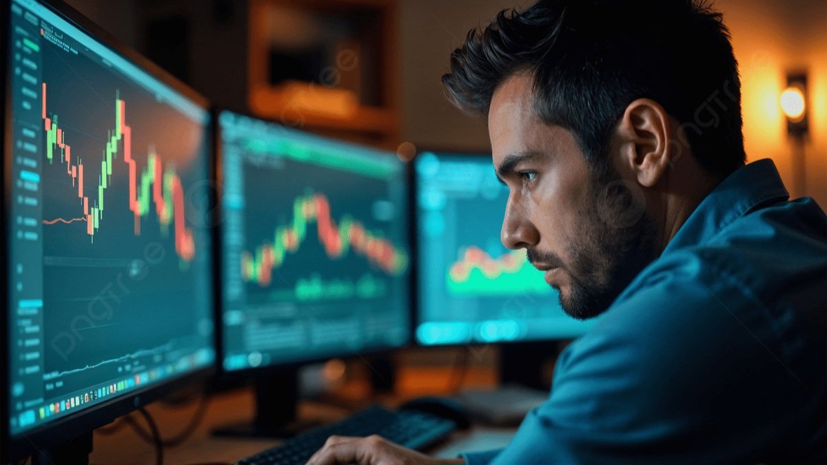 A professional stock market trader looking at multiple computer monitors displaying financial data and green stock tickers in a dimly lit trading room.