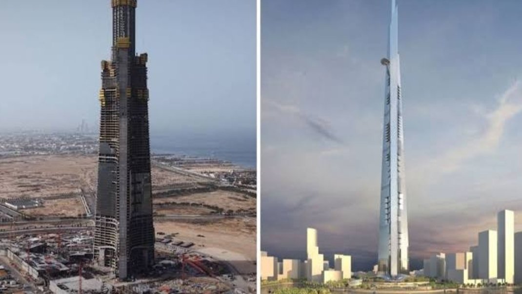 Phooo collage: Jeddah Tower construction progress and the render of the final magic