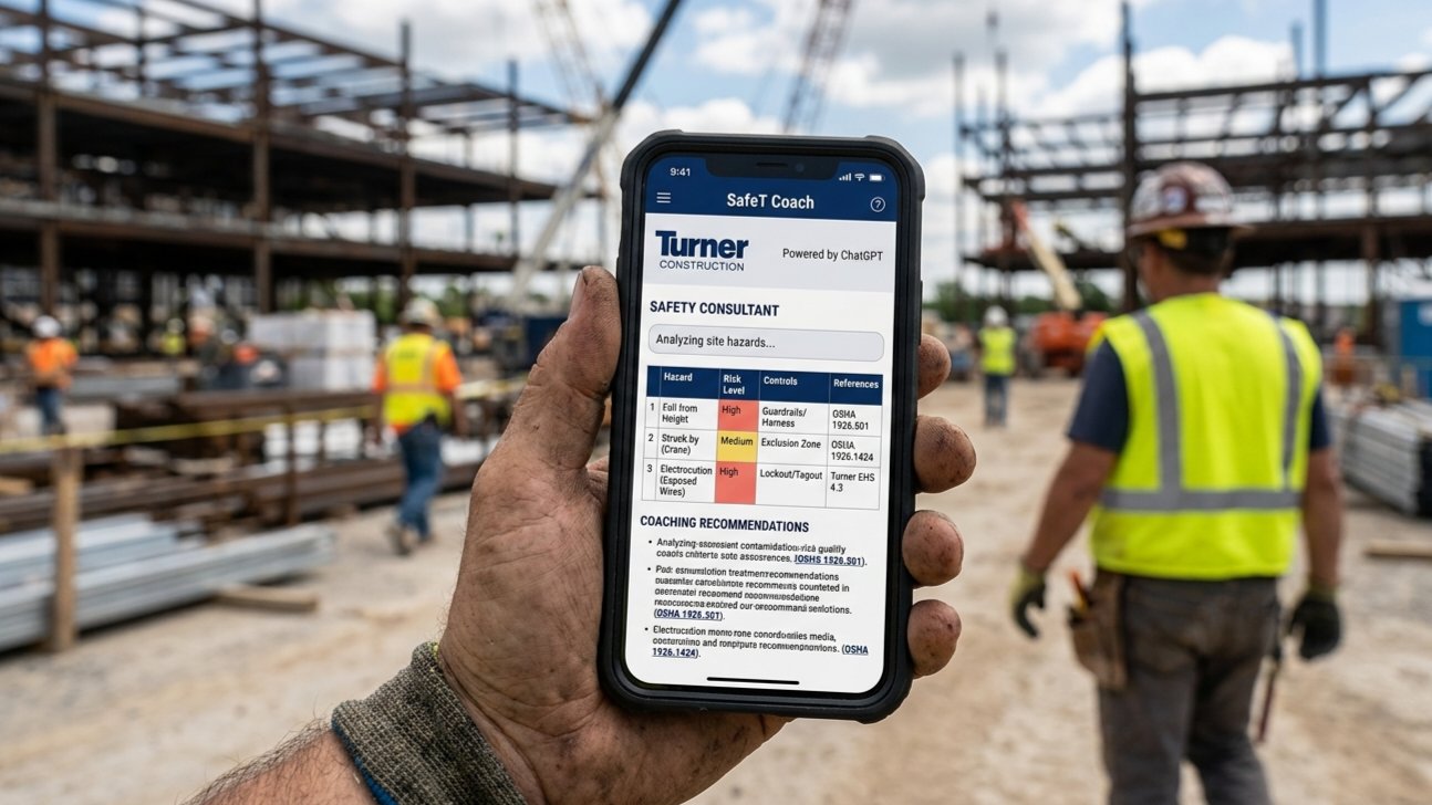 A close-up of a construction worker's hand holding a smartphone on a busy jobsite. The screen displays the SafeT Coach AI interface, showing a hazard identification table and OSHA policy references.