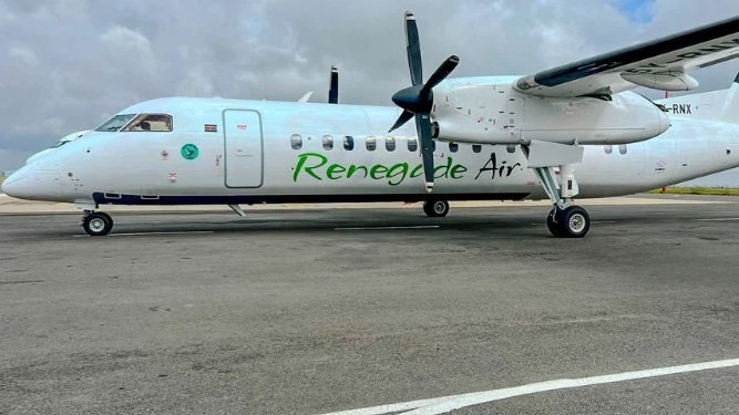 A white and green Renegade Air Dash 8-300 aircraft parked on a paved airport apron under a cloudy sky.