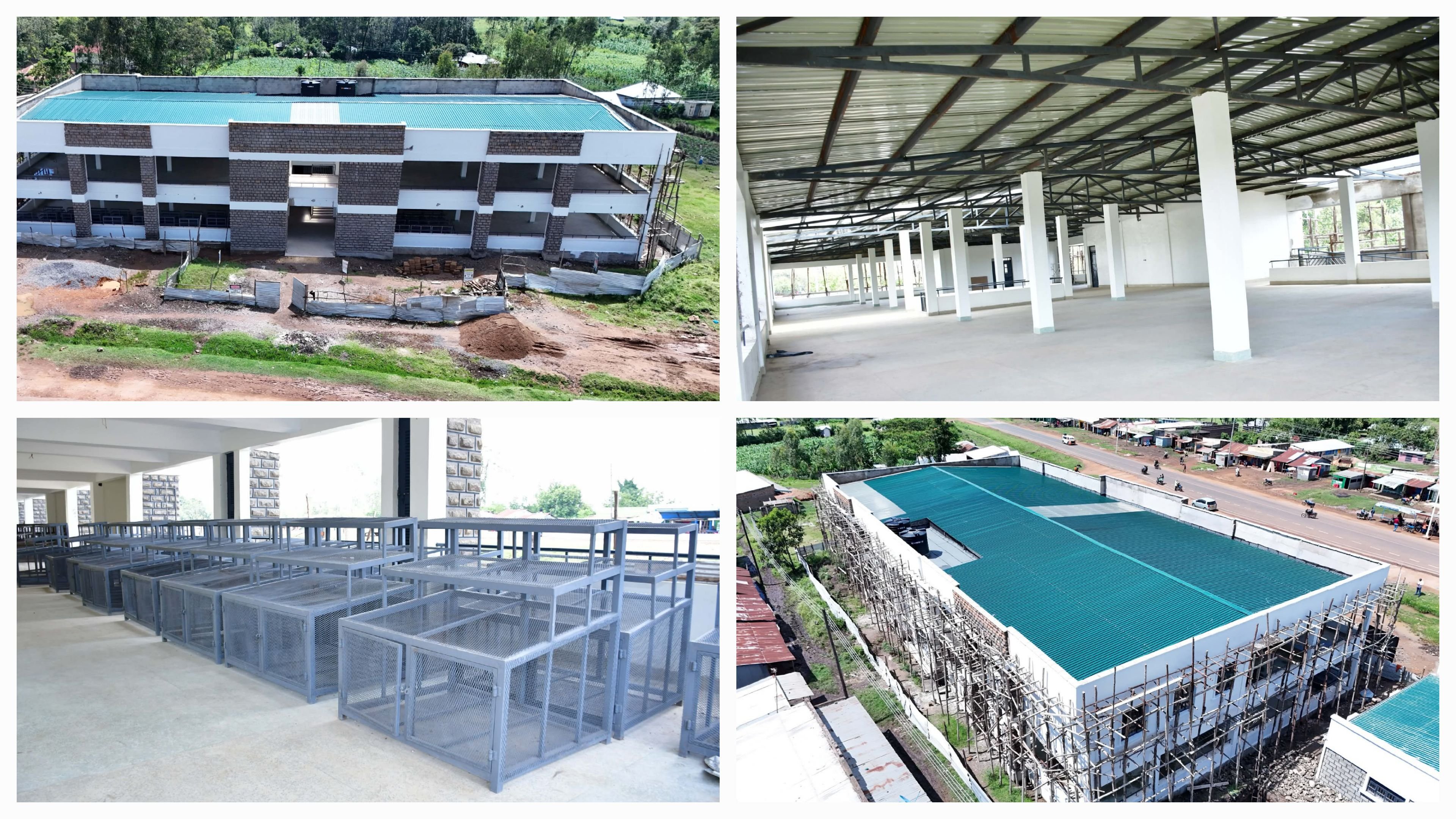 Views of the two-storey Kobodo ESP Market building under construction in Ndhiwa, Homa Bay, showing the contemporary architectural design and visible site workers.