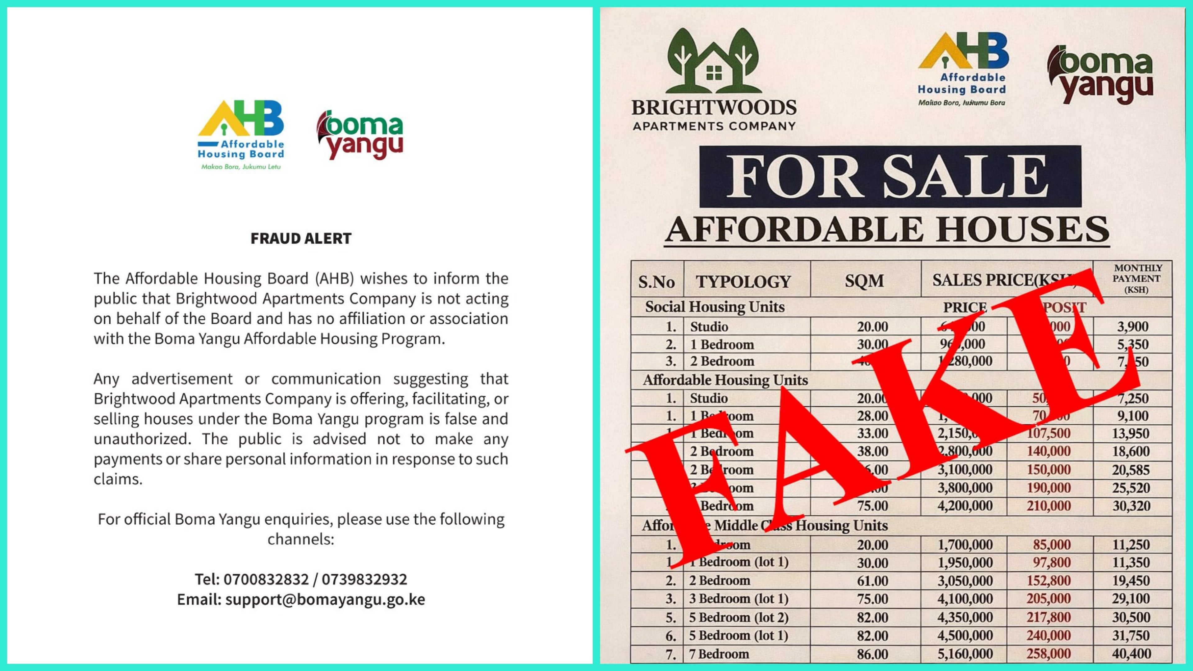 An official fraud alert graphic from the Affordable Housing Board of Kenya marking an advertisement for Brightwood Apartments as fake.