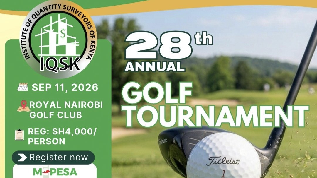 Promotional poster for the IQSK 28th Annual Golf Tournament showing a golf club and ball on a green course.