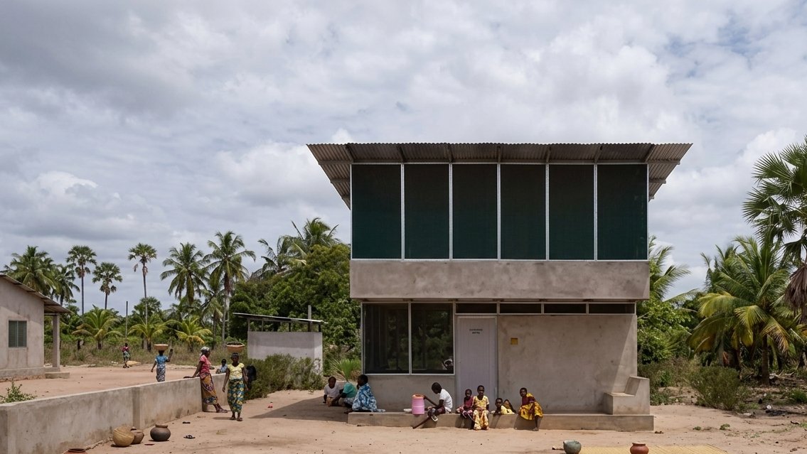 Double-storey Star home with shade net walls and mosquito screens in rural Tanzania setting