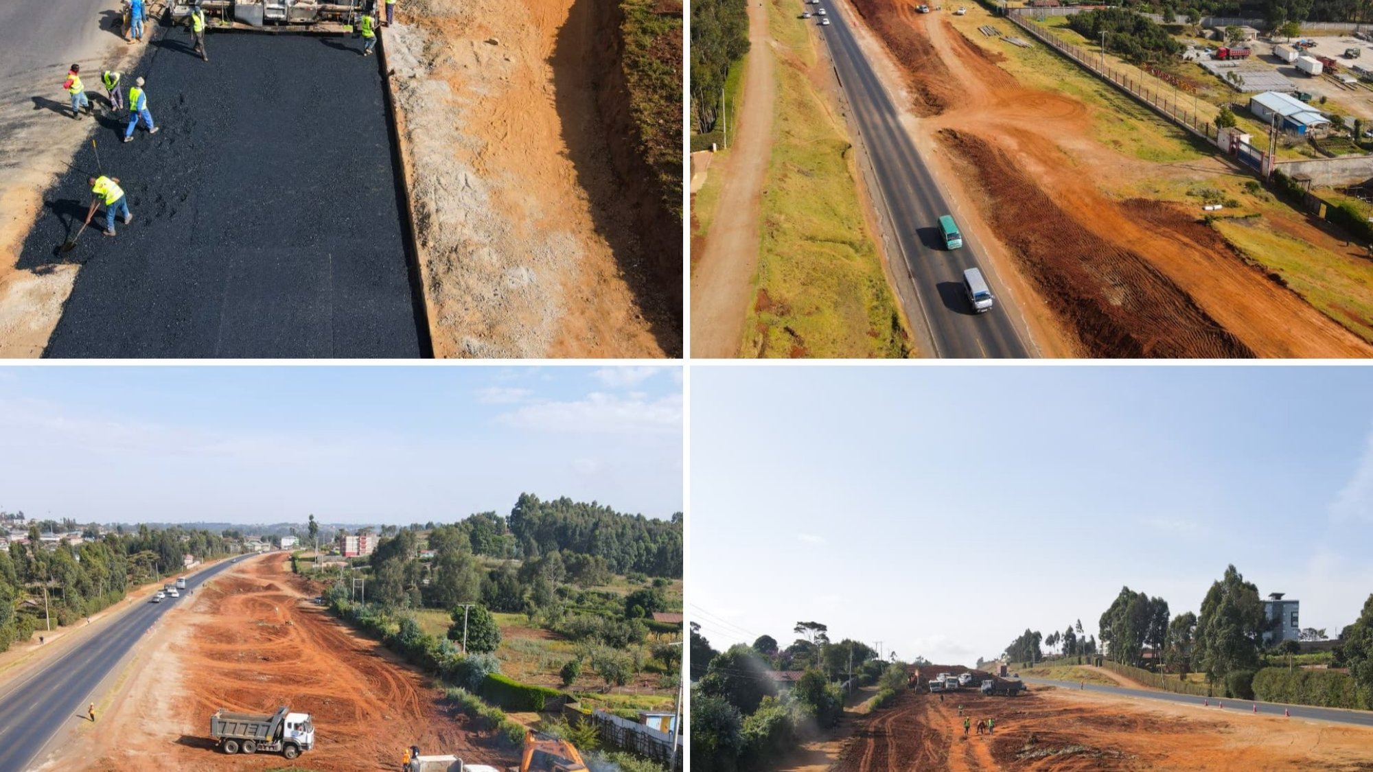 Collage of four aerial and ground-level photos showing road construction activities including asphalt paving, graded earth, and machinery on the Rironi-Mau Summit highway in Kenya.