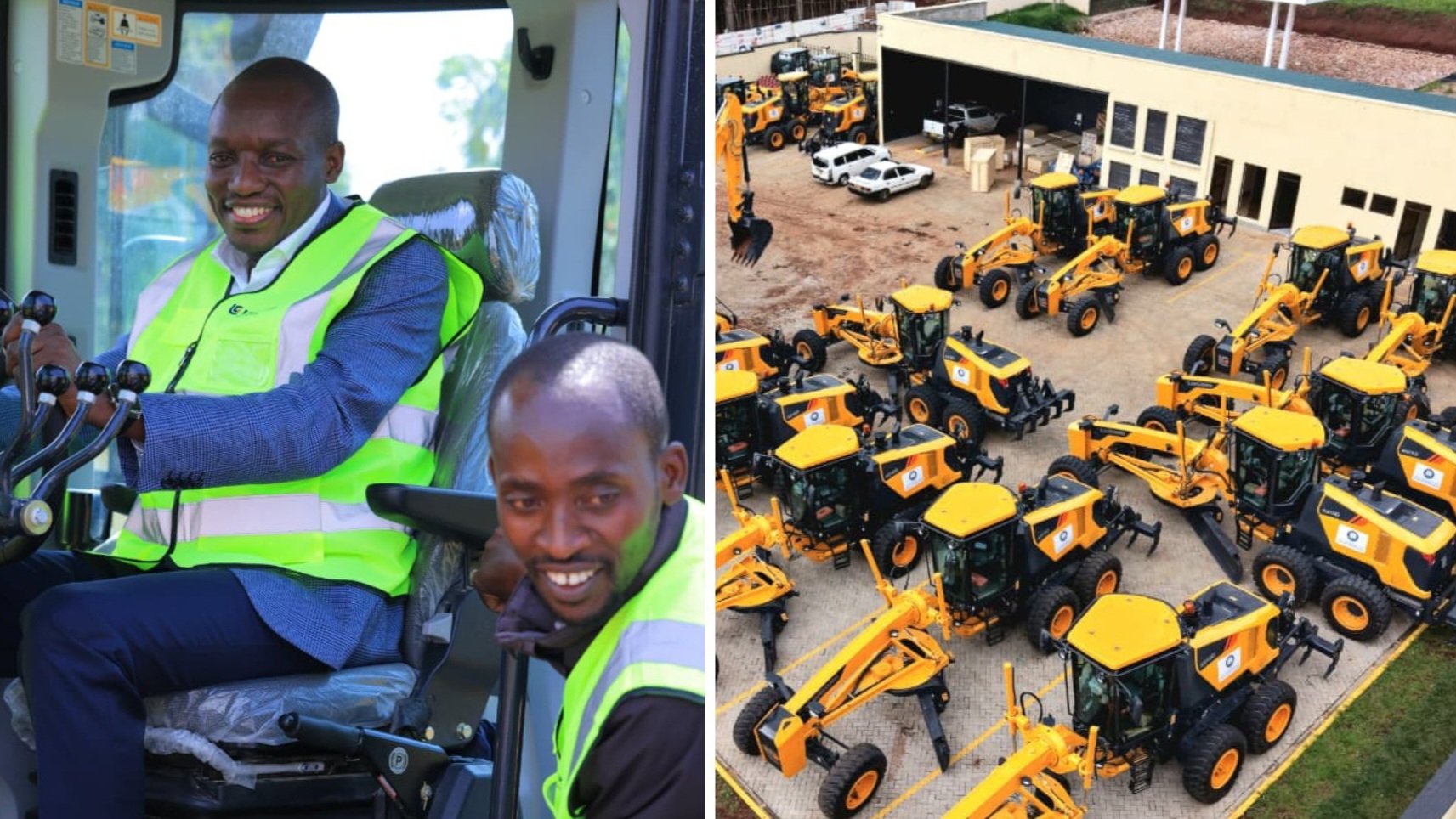Rows of yellow road graders and excavators parked at Gusii Stadium during the official launch by Kisii Governor Simba Arati.