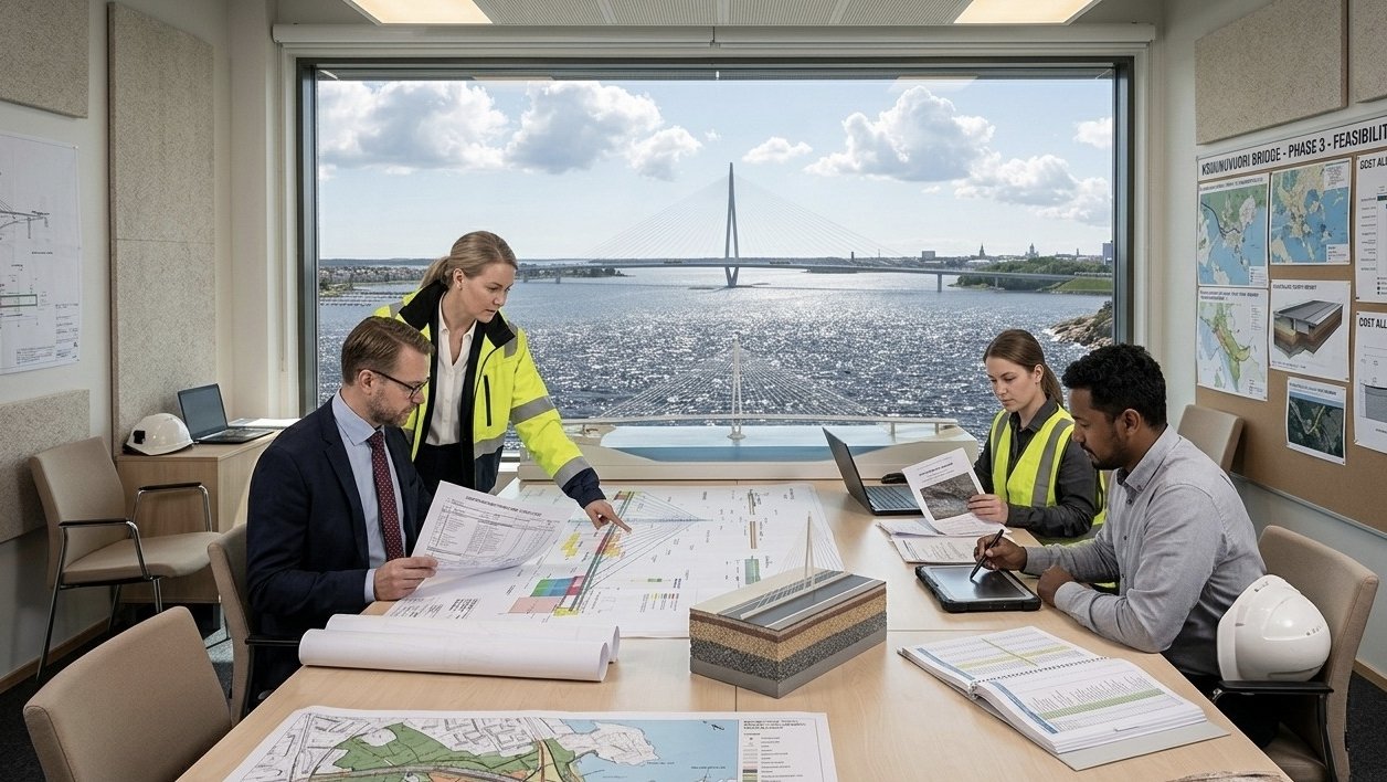 Engineers reviewing architectural drawings and cost documents at an infrastructure project meeting table.