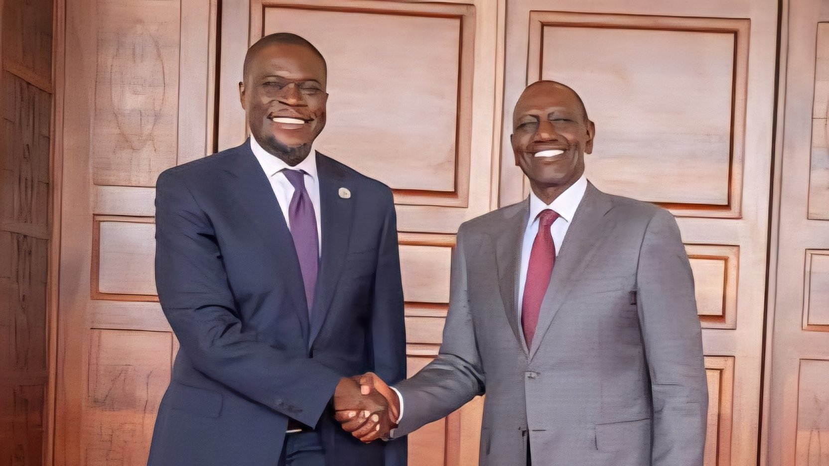 Governor Johnson Sakaja and President William Ruto shaking hands at State House Nairobi after signing a cooperation agreement.