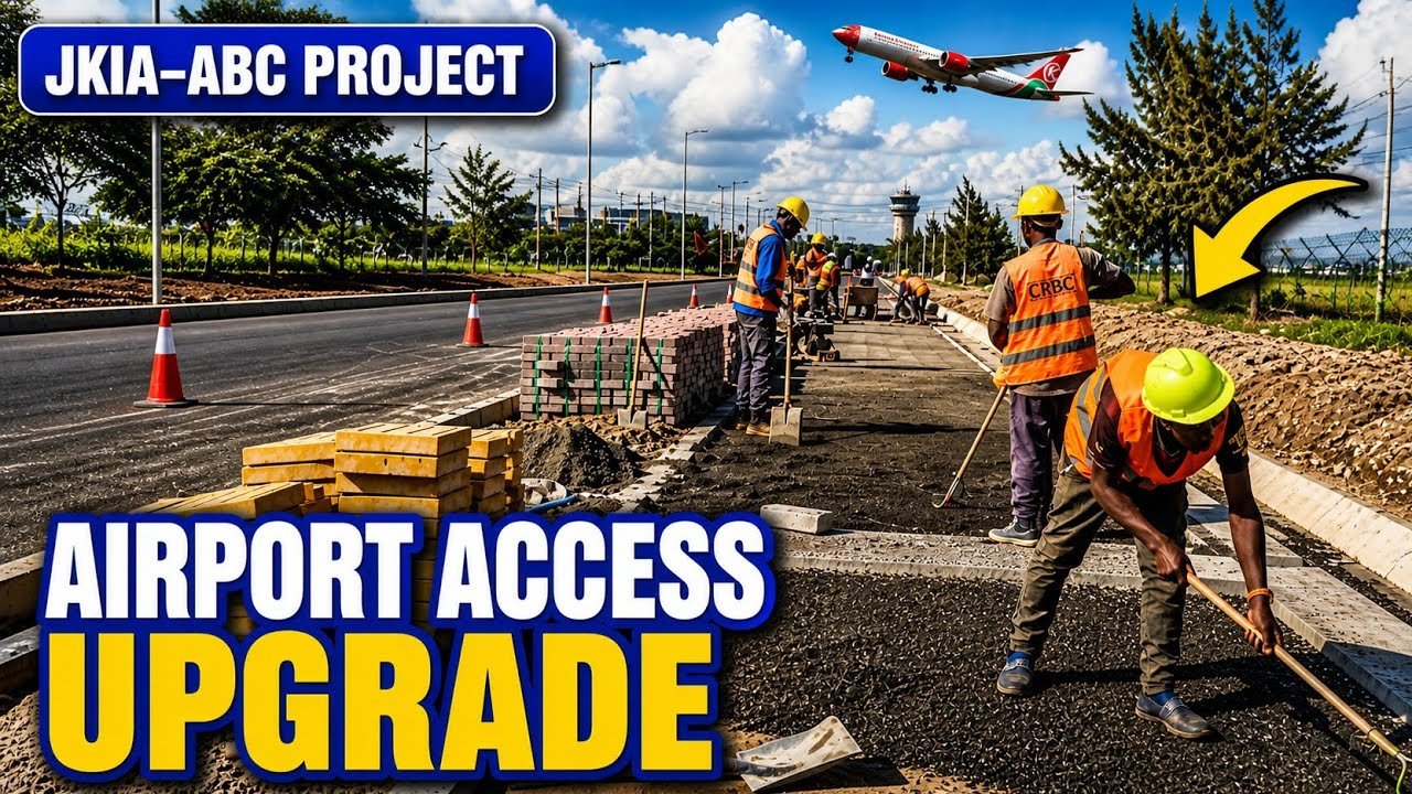 A wide-angle view of a freshly paved and clearly marked road inside Jomo Kenyatta International Airport, showing orange-and-black safety bollards separating lanes, decorative landscaping beds on the side, a low-flying commercial airplane landing in the ba
