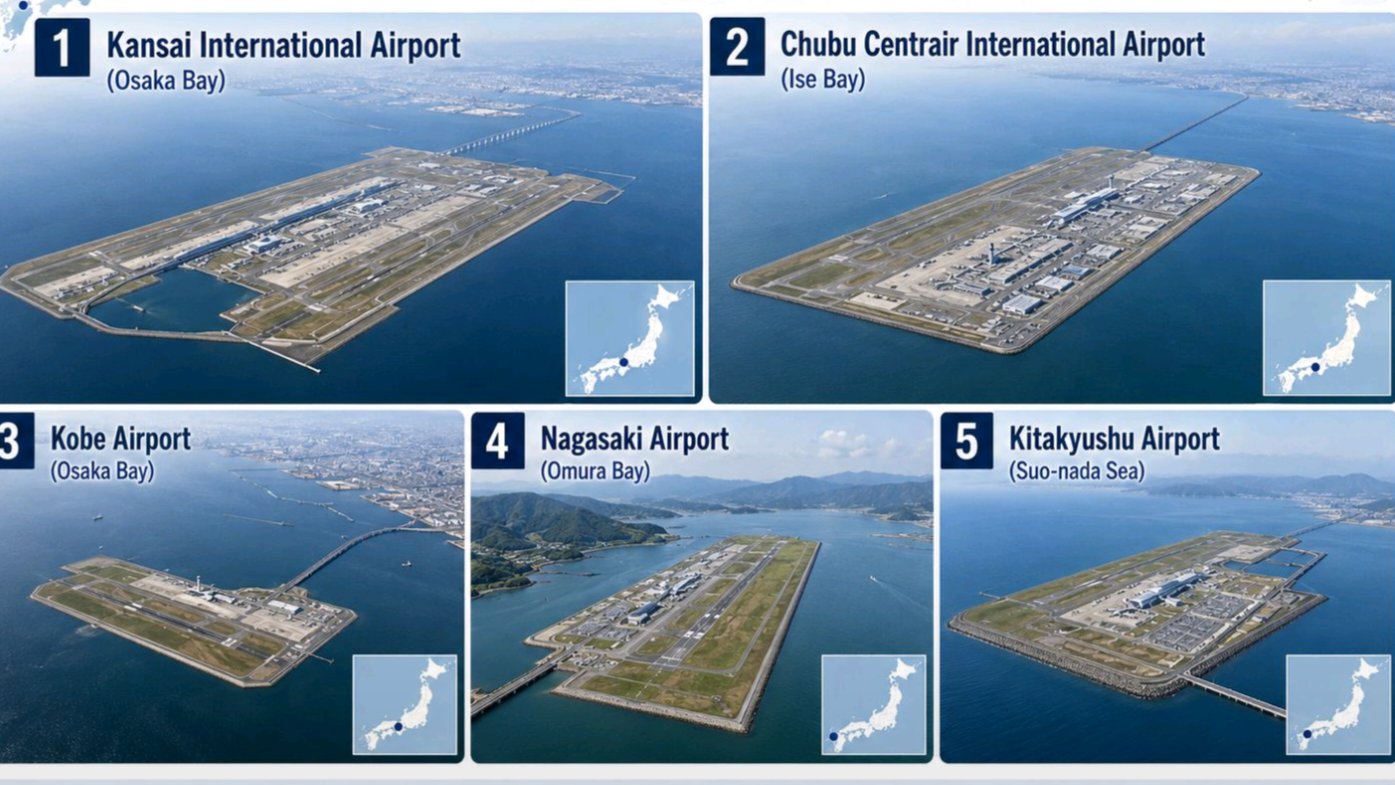 Infographic from 259119.png displaying five major offshore airports in Japan built on reclaimed land, including Kansai and Chubu Centrair.