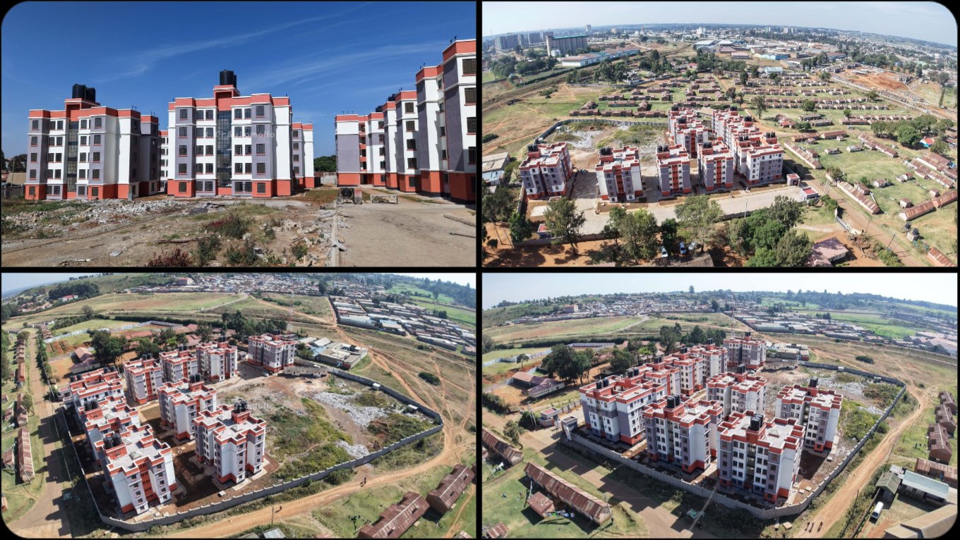 Aerial view of the newly completed multi-story apartment blocks at the Kapsuswa affordable housing site in Eldoret.