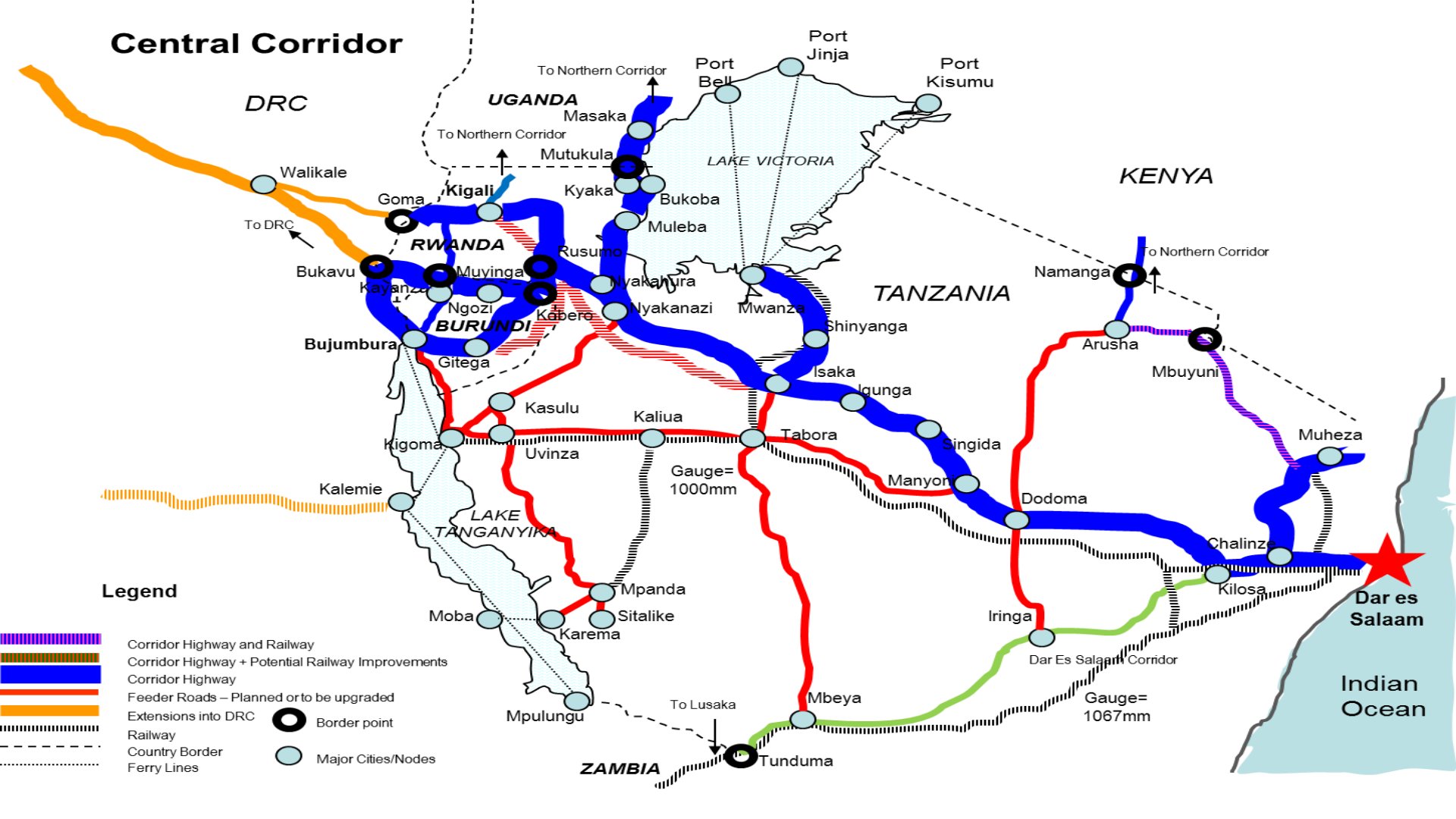 Aerial view of a standard gauge railway line cutting through rural terrain alongside a regional transport corridor route map of East and Central Africa.