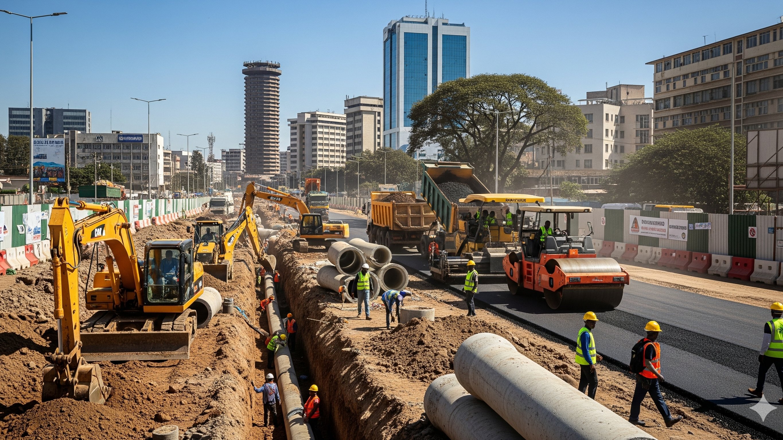 A major road and sewer construction project in downtown Nairobi, Kenya, showing excavators and workers near the city skyline.