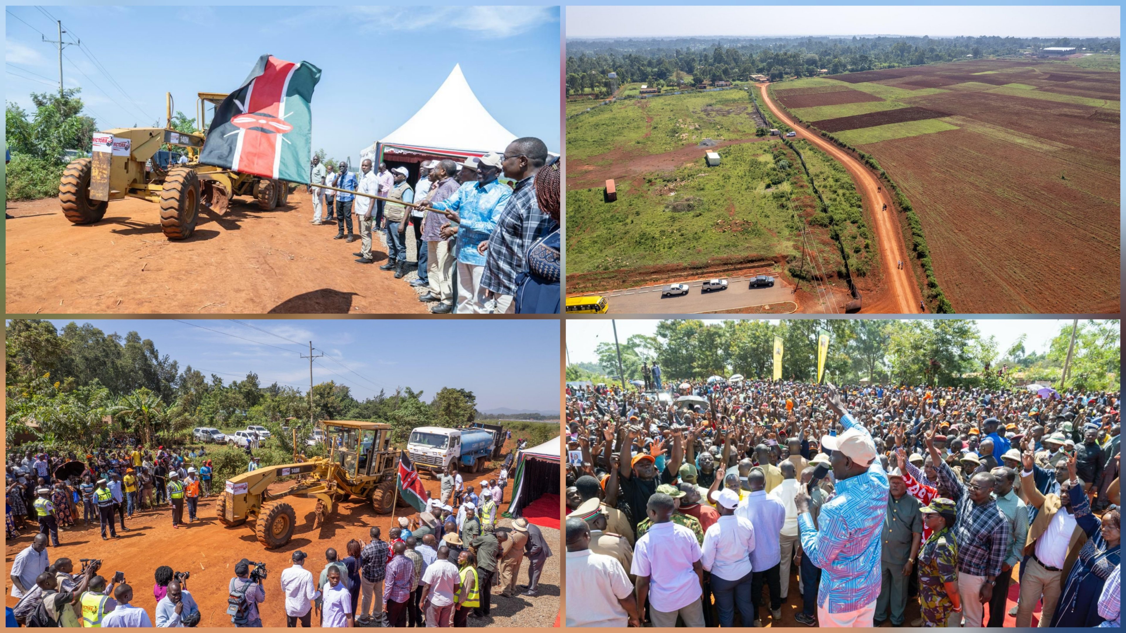 A photo collage showing a red earth road cutting through green agricultural fields in Busia, alongside a ground-level photo of a yellow construction grader being commissioned by a crowd during the official launch.