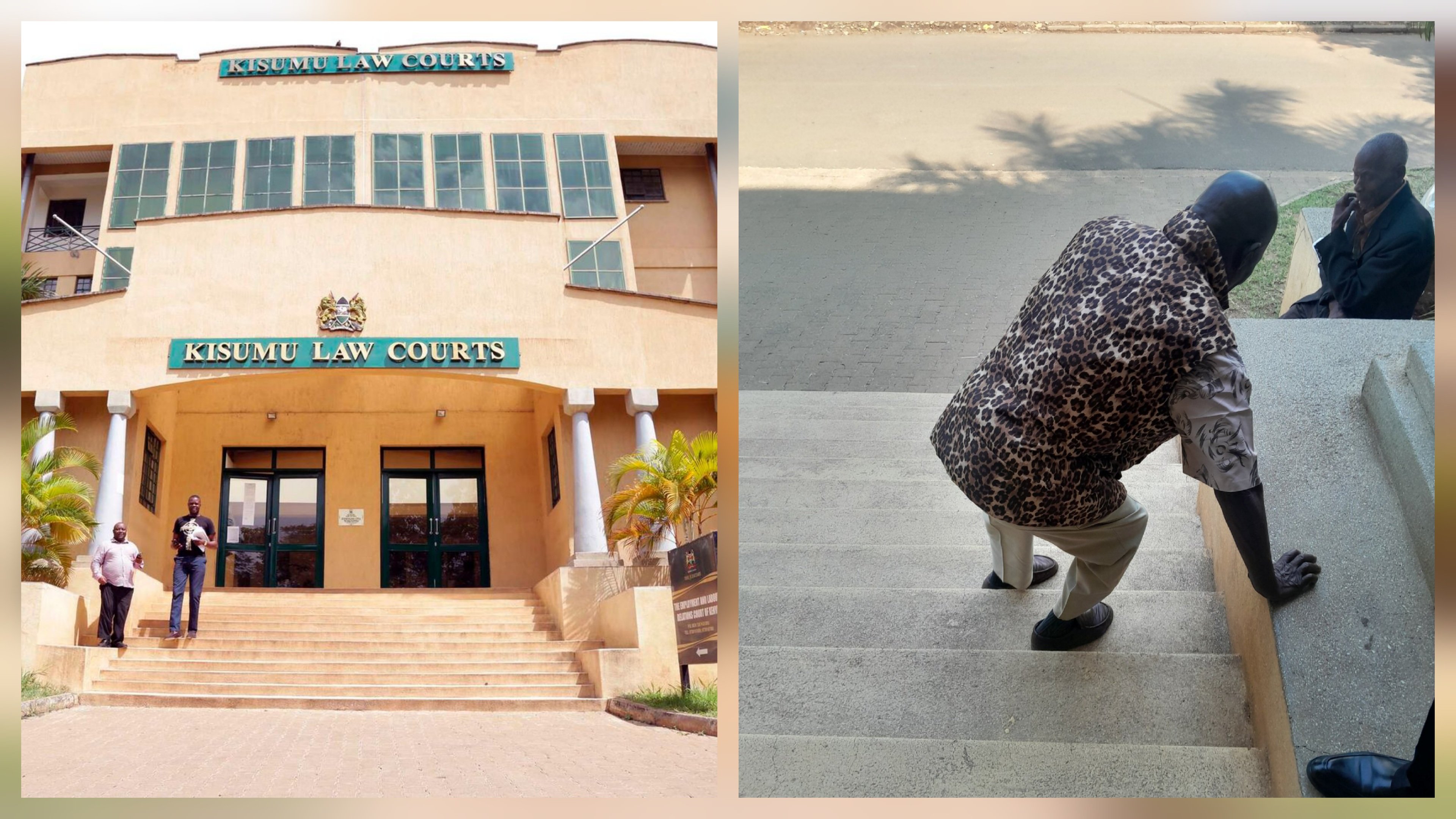 A side-by-side view showing the grand pillared entrance of Kisumu Law Courts and a man with physical disabilities crawling up the steep concrete entrance stairs.