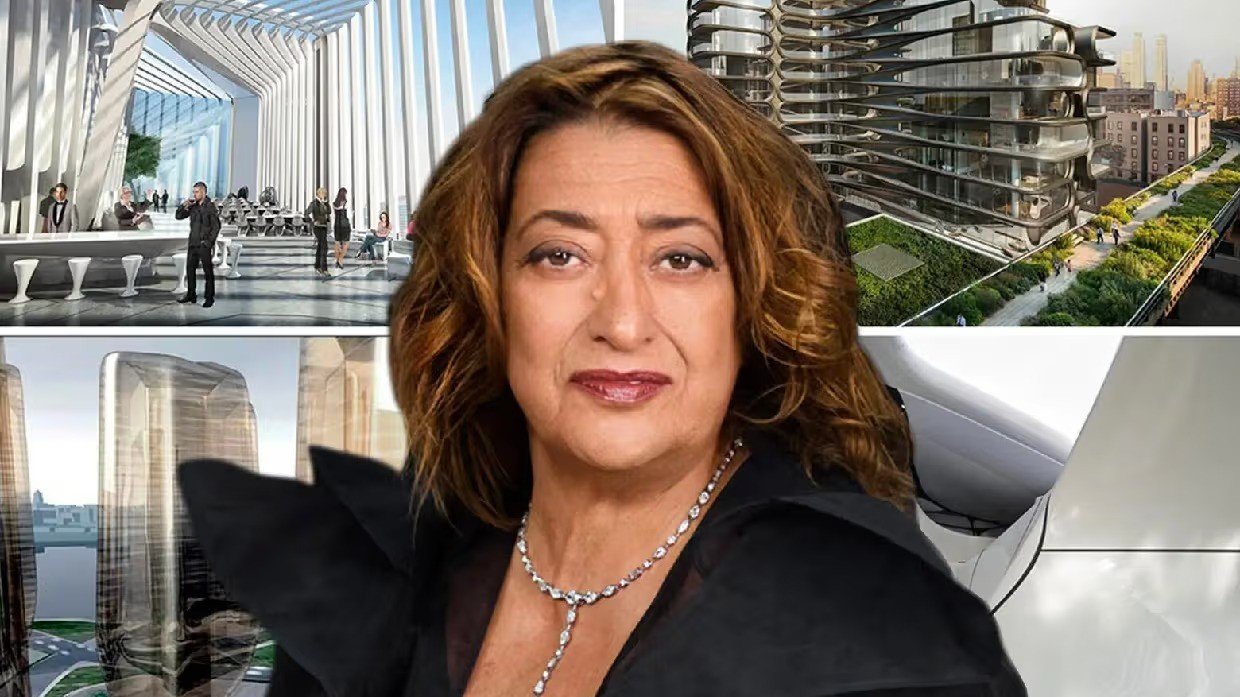 Zaha Hadid portrait beside model of one of her curving architectural designs