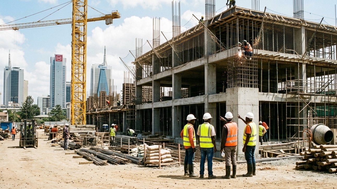 A Kenyan construction site showing workers in high-visibility vests and helmets standing near a concrete structure under development in Nairobi.