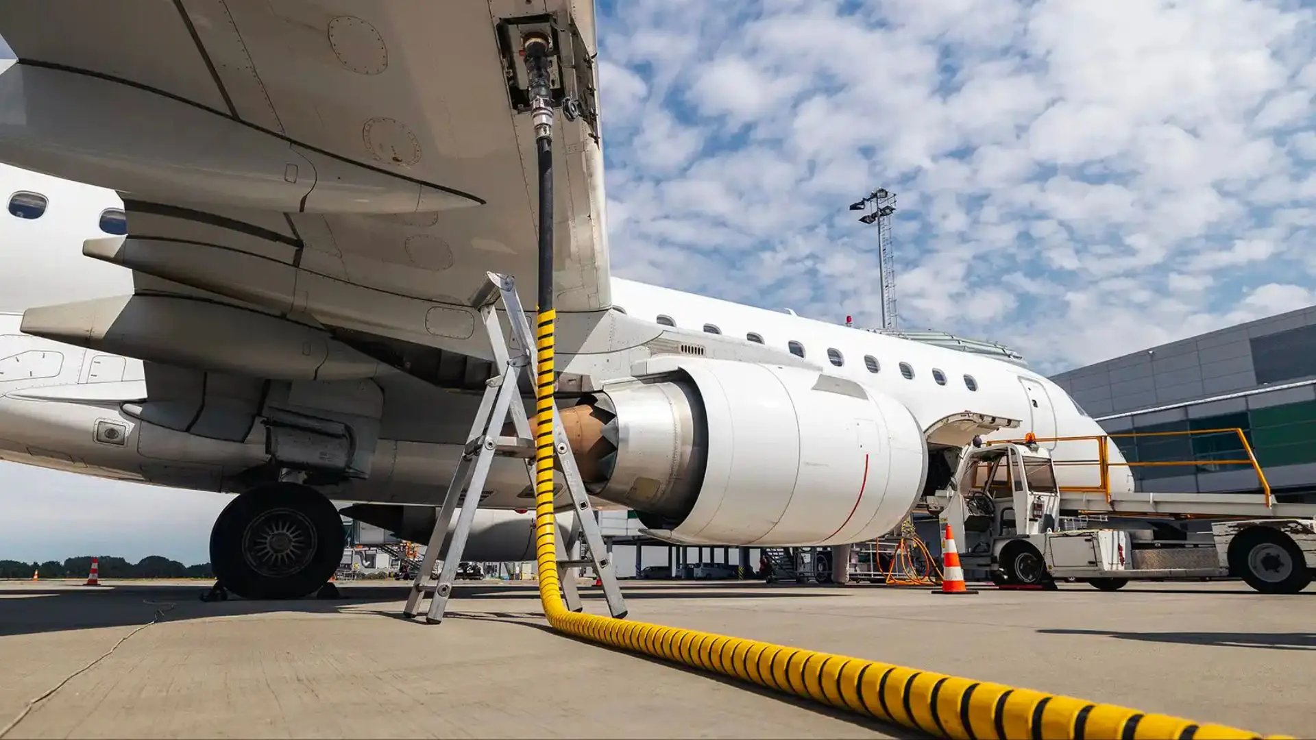 A commercial aircraft connected to a high-capacity yellow ground fuel hose on an airport apron during a refueling process.