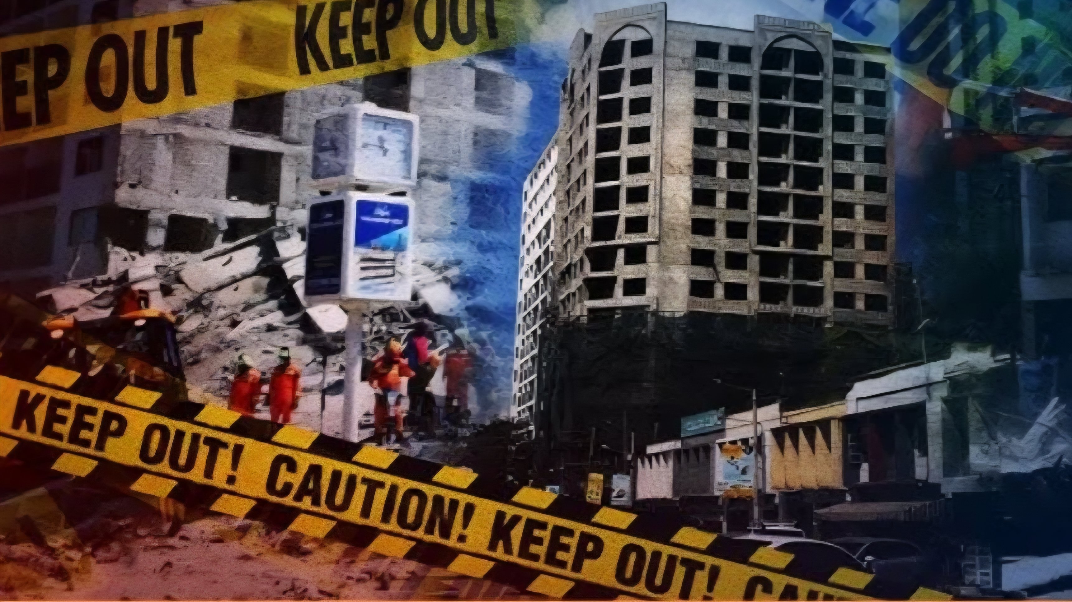 A wide shot of the collapsed three-storey building in Kericho showing twisted metal and broken concrete blocks with rescue workers on site.