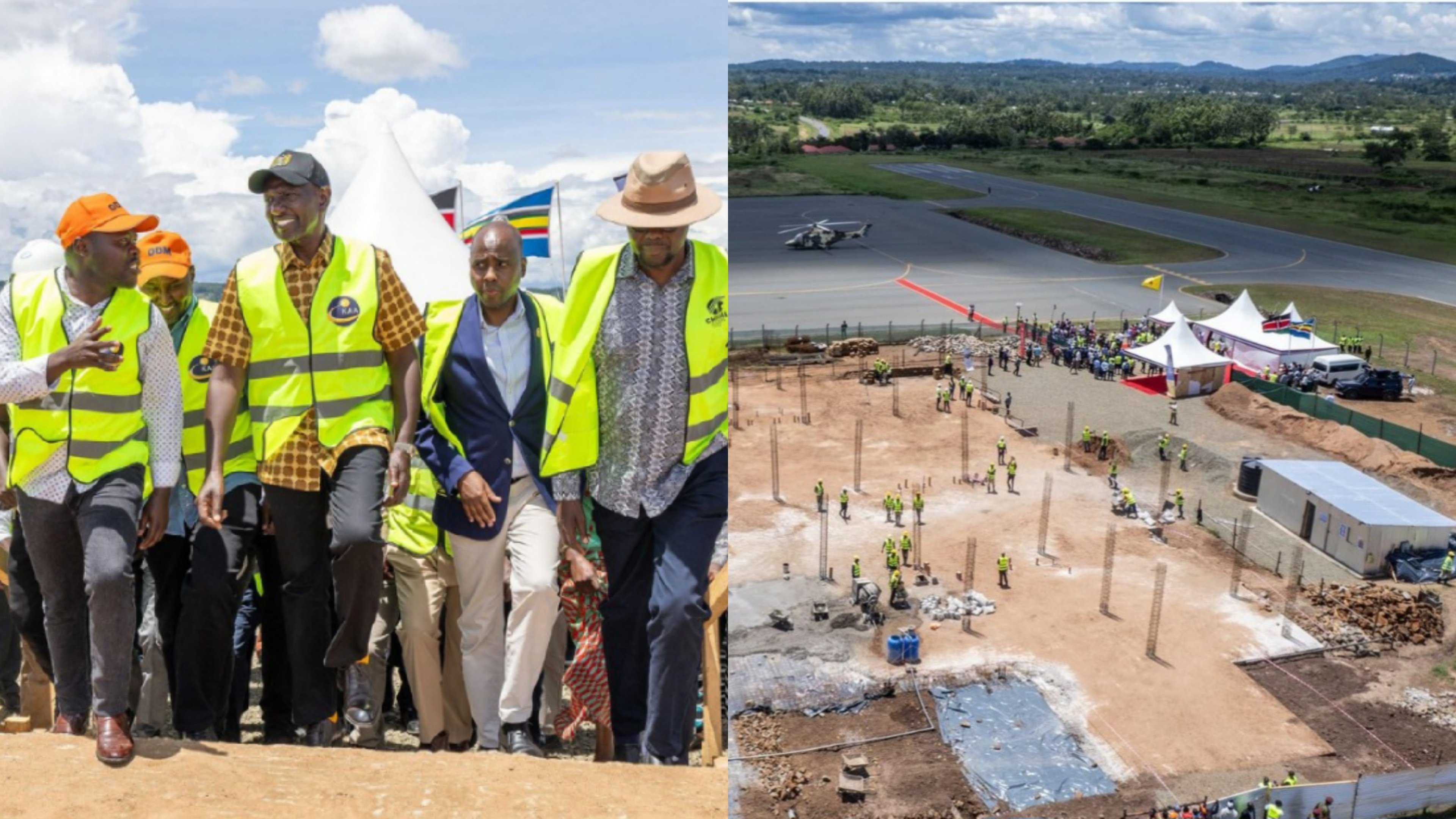 An aerial and ground-level view showing President Ruto and officials walking through the Lichota Airstrip construction site in Migori County, with terminal pillars and the runway in the background.
