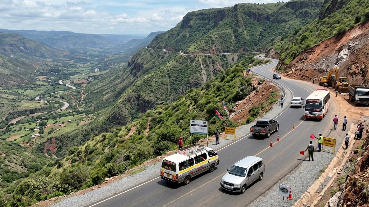 A clear section of the Iten-Kabarnet Road near Kolol showing the paved highway passing through the mountainous terrain of the Kerio Valley.