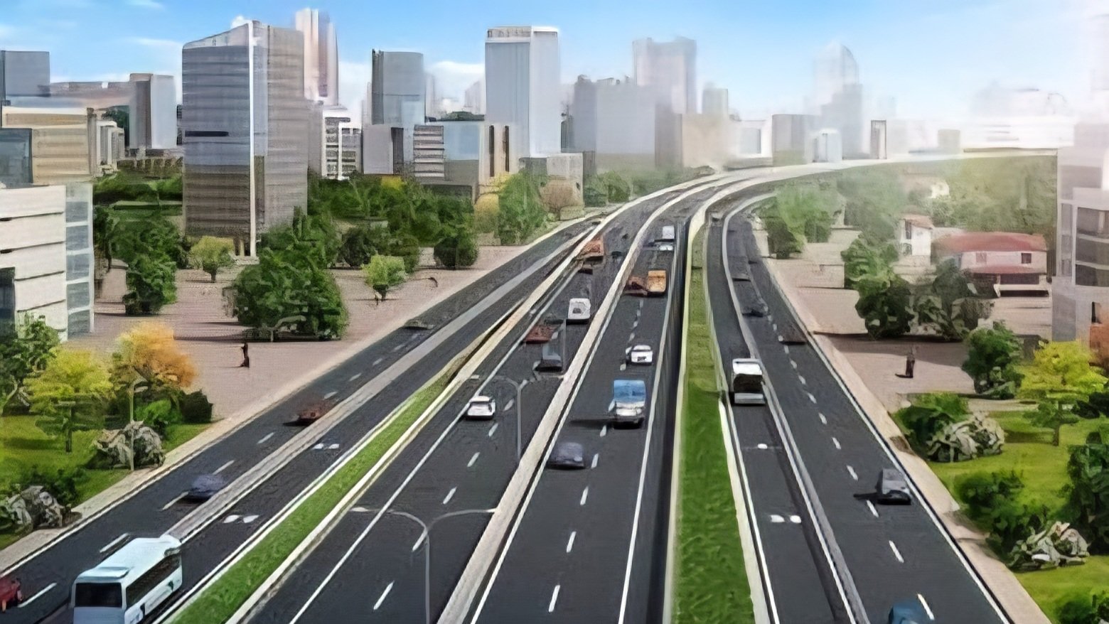 Aerial view artistic rendering of the expanded dual-carriageway Rironi-Mau Summit highway with moving vehicles and green verges.