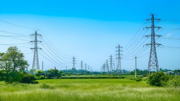 High-voltage electricity transmission towers stretching across a rural landscape under a clear sky.