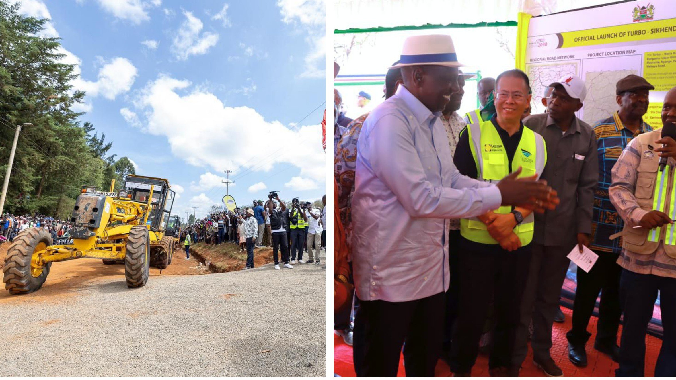 President William Ruto launches the Turbo-Sikhendu Road project in Uasin Gishu County as construction machinery begins work and officials look on.