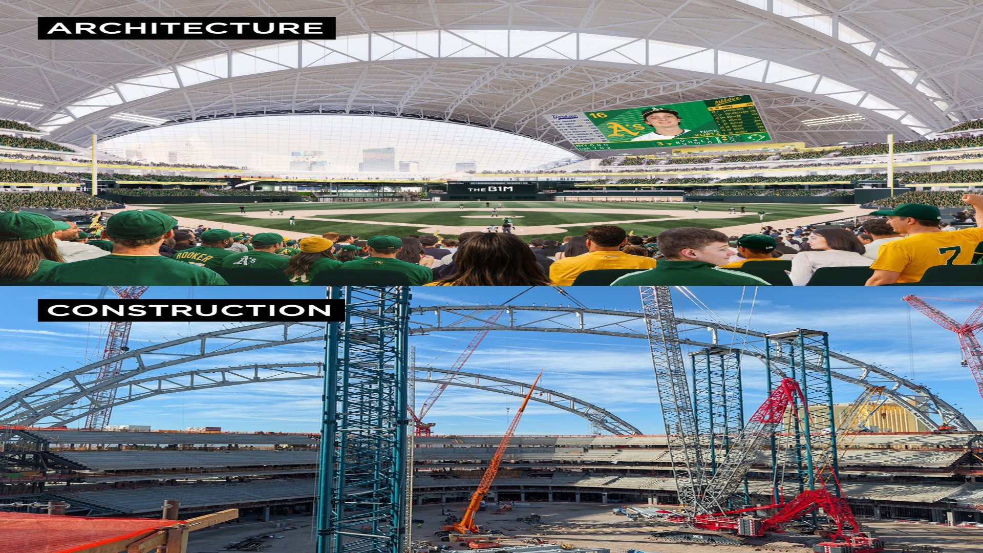 Split image showing an architectural rendering of the interior of the Las Vegas Athletics ballpark above a photo of structural steel roof construction at the site.
