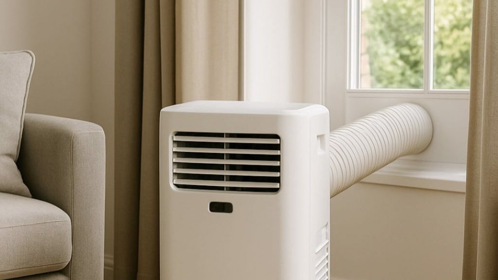 A portable split air conditioner unit installed near a window in a European apartment.