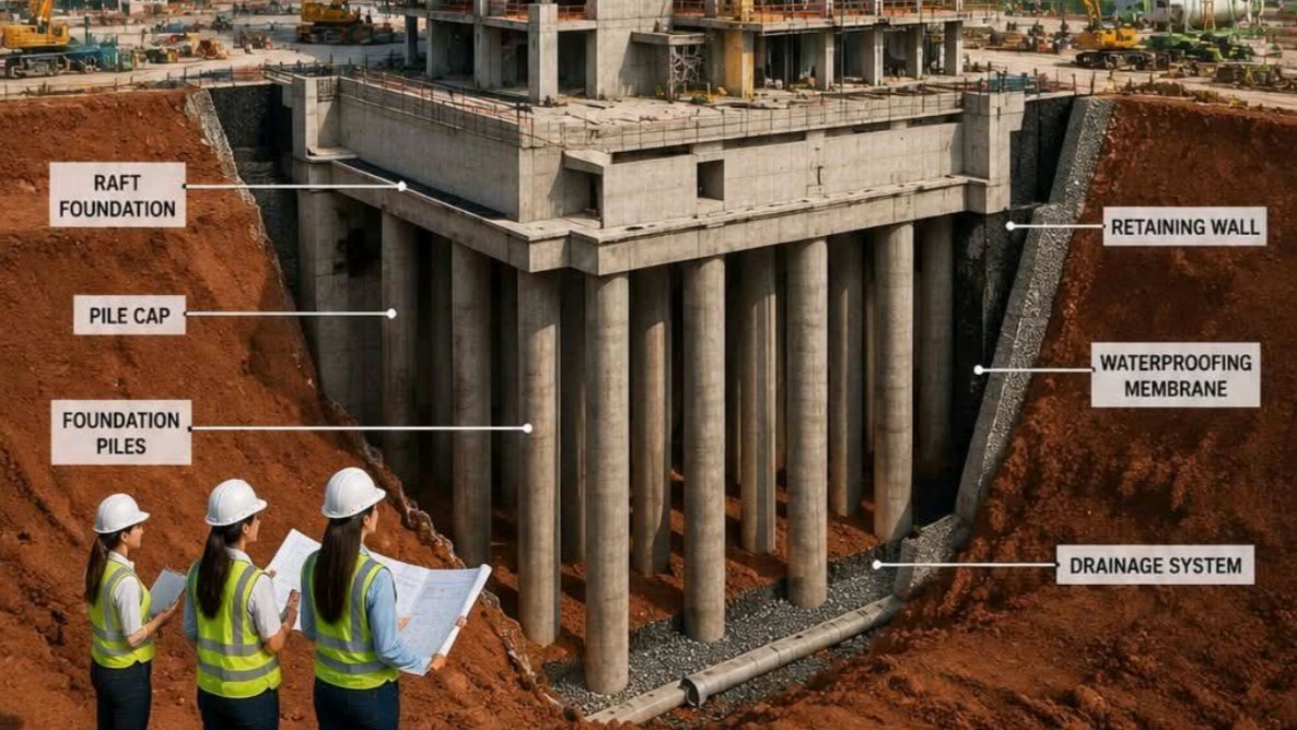 An engineering cutaway diagram labeled 80-Storey Mega Tower Structural Anatomy, showing the underground foundation piles, raft foundation, and above-ground concrete core, beams, and columns of a skyscraper.