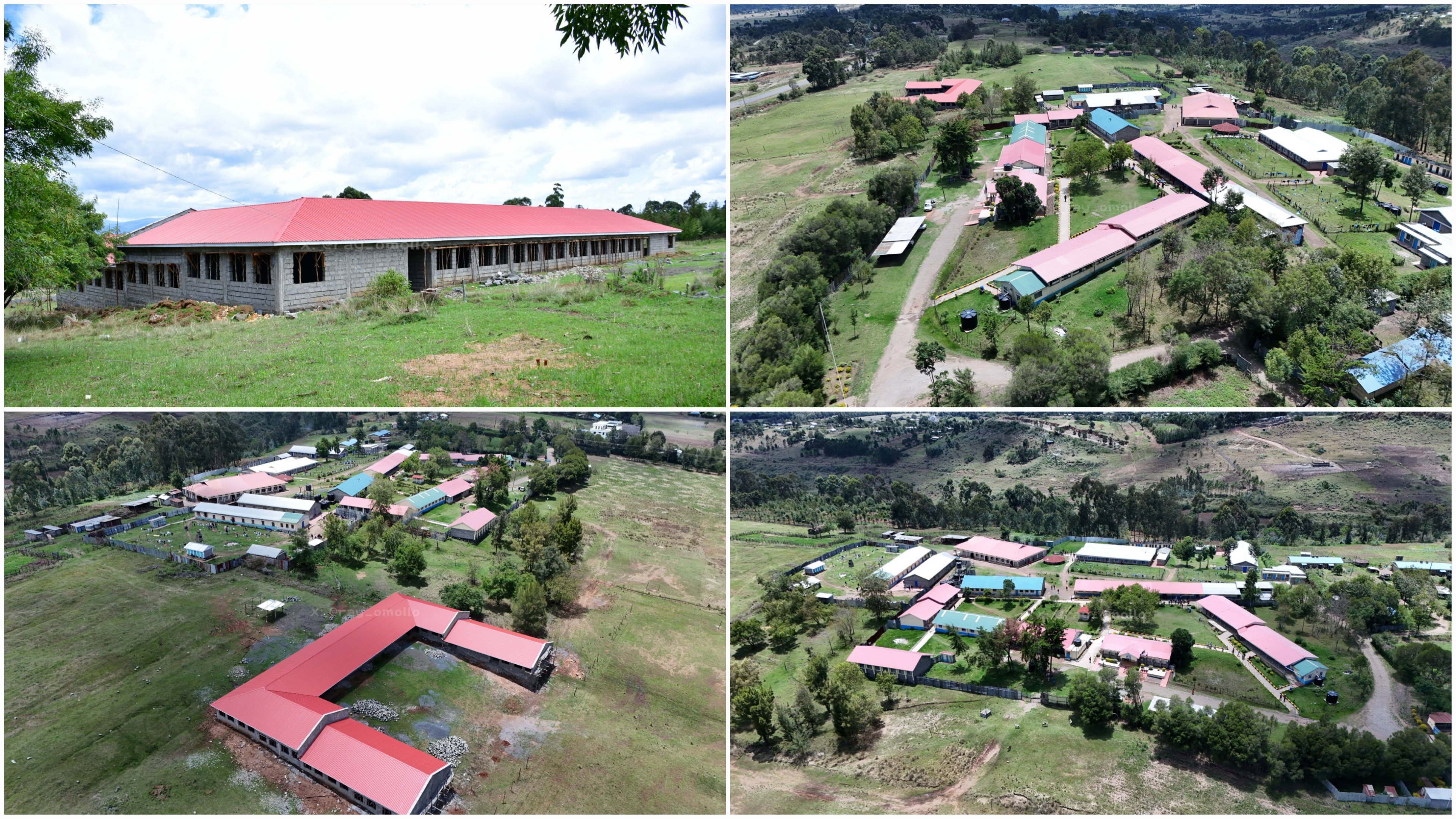 Aerial view of the repurposed Salient Secondary School buildings with red roofs surrounded by green fields in Ol Kalou, Nyandarua County.