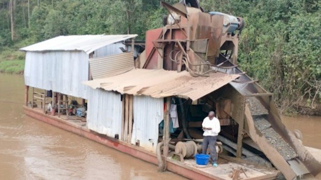 Aerial view of River Yala showing a gold dredging machine operating along the river during reported gold extraction activities in western Kenya.