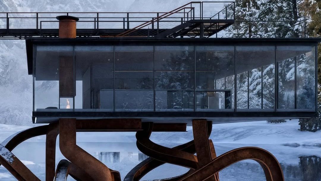 Architectural rendering of Villa T8 showing a minimalist glass box building elevated above a snowy landscape on twisted, dark curved steel supports.