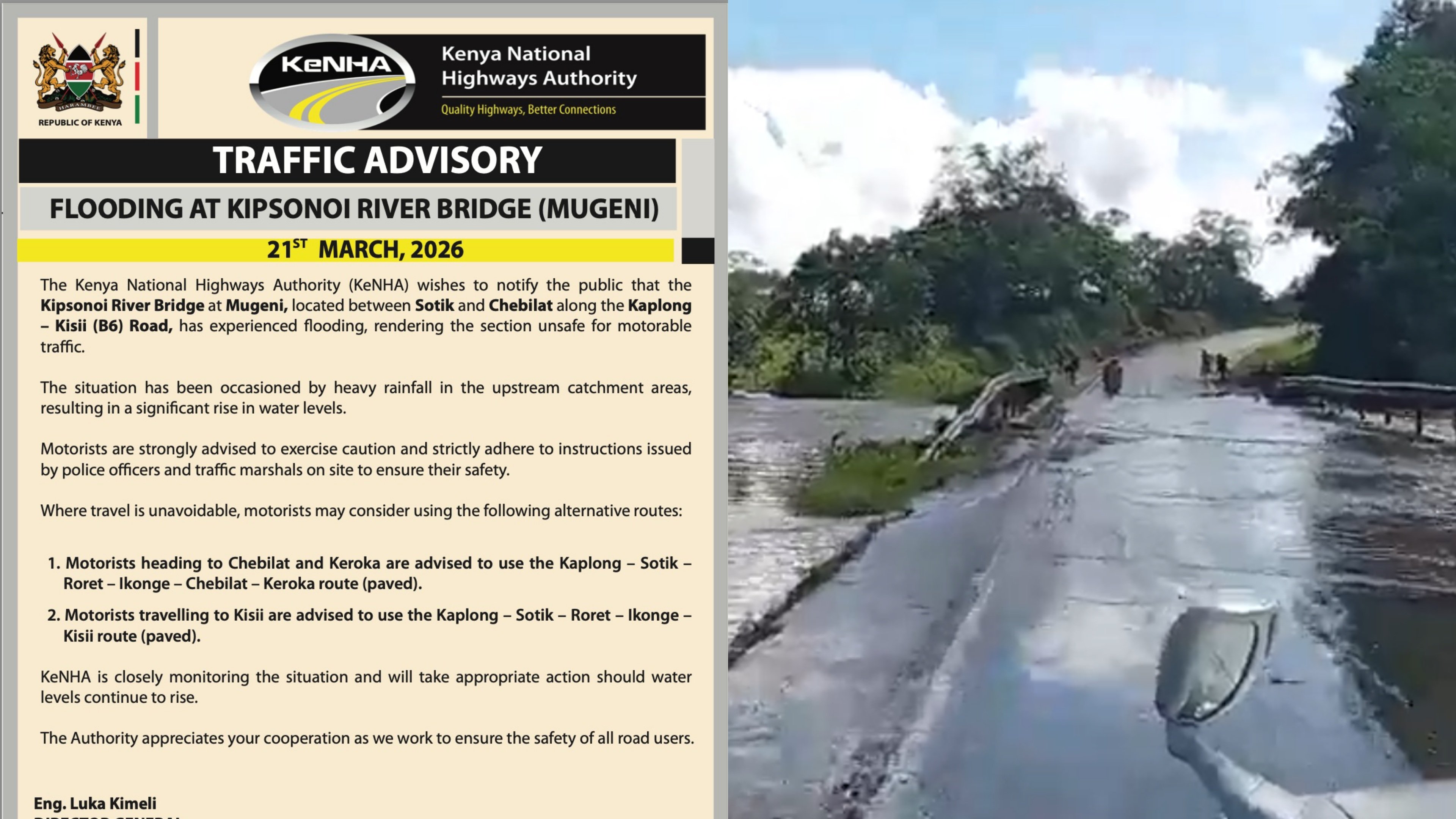 Wide-angle view of the Kipsonoi River Bridge at Mugeni showing brown floodwater overflowing the road surface and surrounding vegetation.