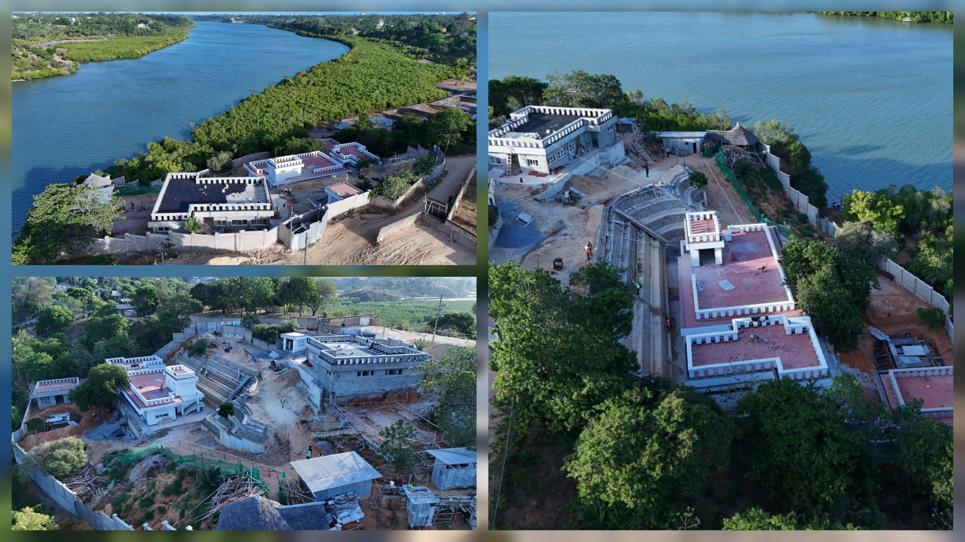 Aerial and ground-level views of the Kidongo Fish Landing Site under construction in Mombasa, showing the main processing building and roof tiling works.