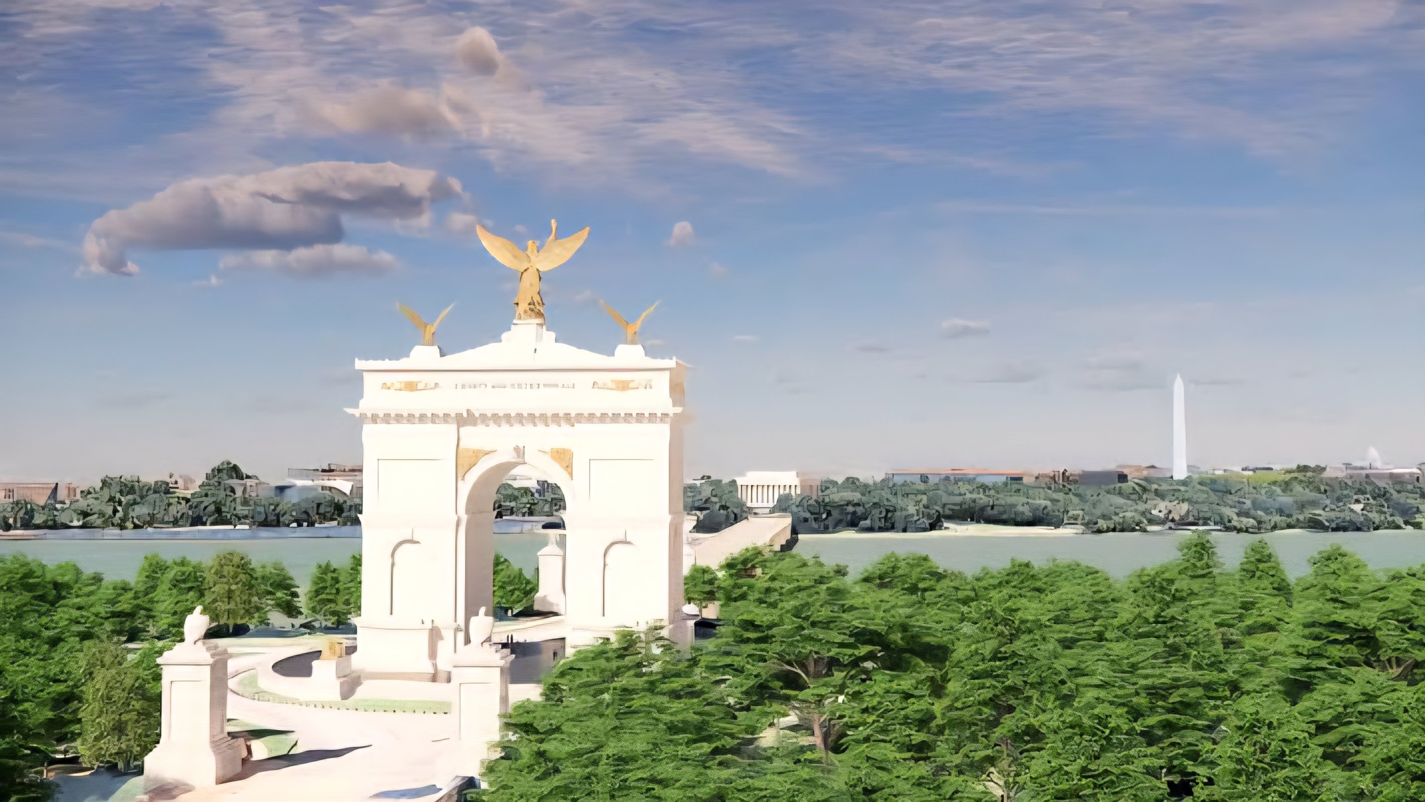Architectural rendering of a tall white neoclassical triumphal arch with a golden winged statue on top and gold inscriptions on the facade.