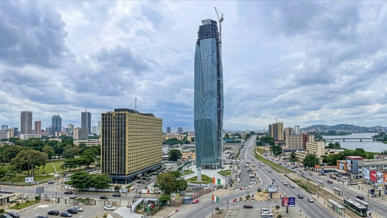 Tour F skyscraper nearing completion in Abidjan, Ivory Coast, photographed in October 2025, showing the building's glass facade rising above the city skyline.