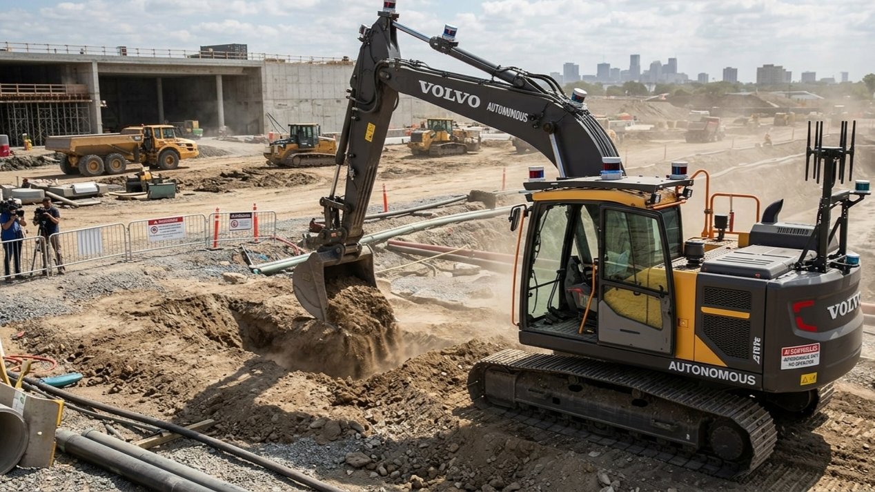 An autonomous robotic excavator operating on a construction site without a human operator, guided by AI and LiDAR sensors.