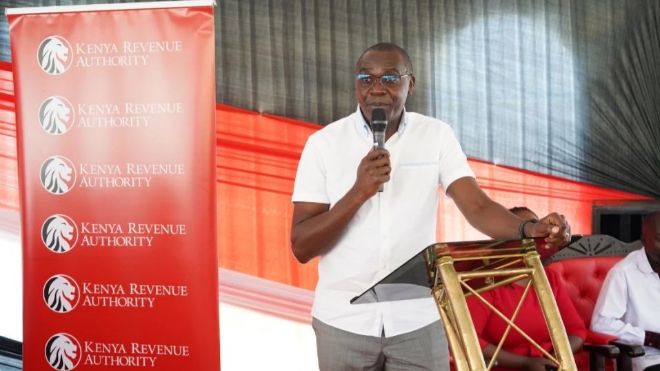 Commissioner George Obell addresses the Citizen Assembly in Eldoret where KRA unveiled plans for the new Staff Management System to enhance service and transparency.