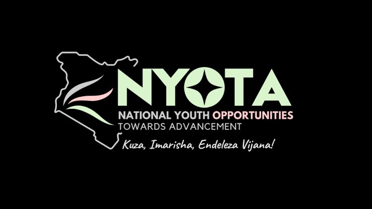 The official logo of the National Youth Opportunities Towards Advancement (NYOTA) program, featuring an outline map of Kenya and the Kiswahili slogan "Kuza, Imarisha, Endeleza Vijana!" against a black background, as visible in 229656.png.