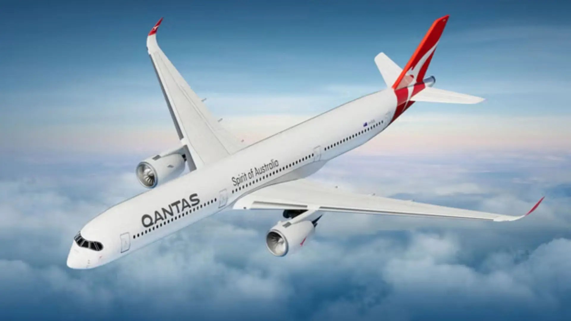 An Airbus A350-1000ULR passenger aircraft bearing Qantas livery flies through blue skies above cloud cover.