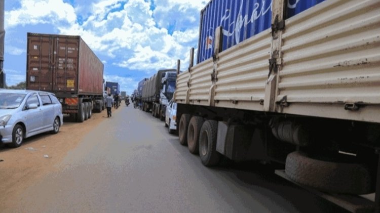 Cargo trucks waiting at a border crossing on an East African transport corridor.