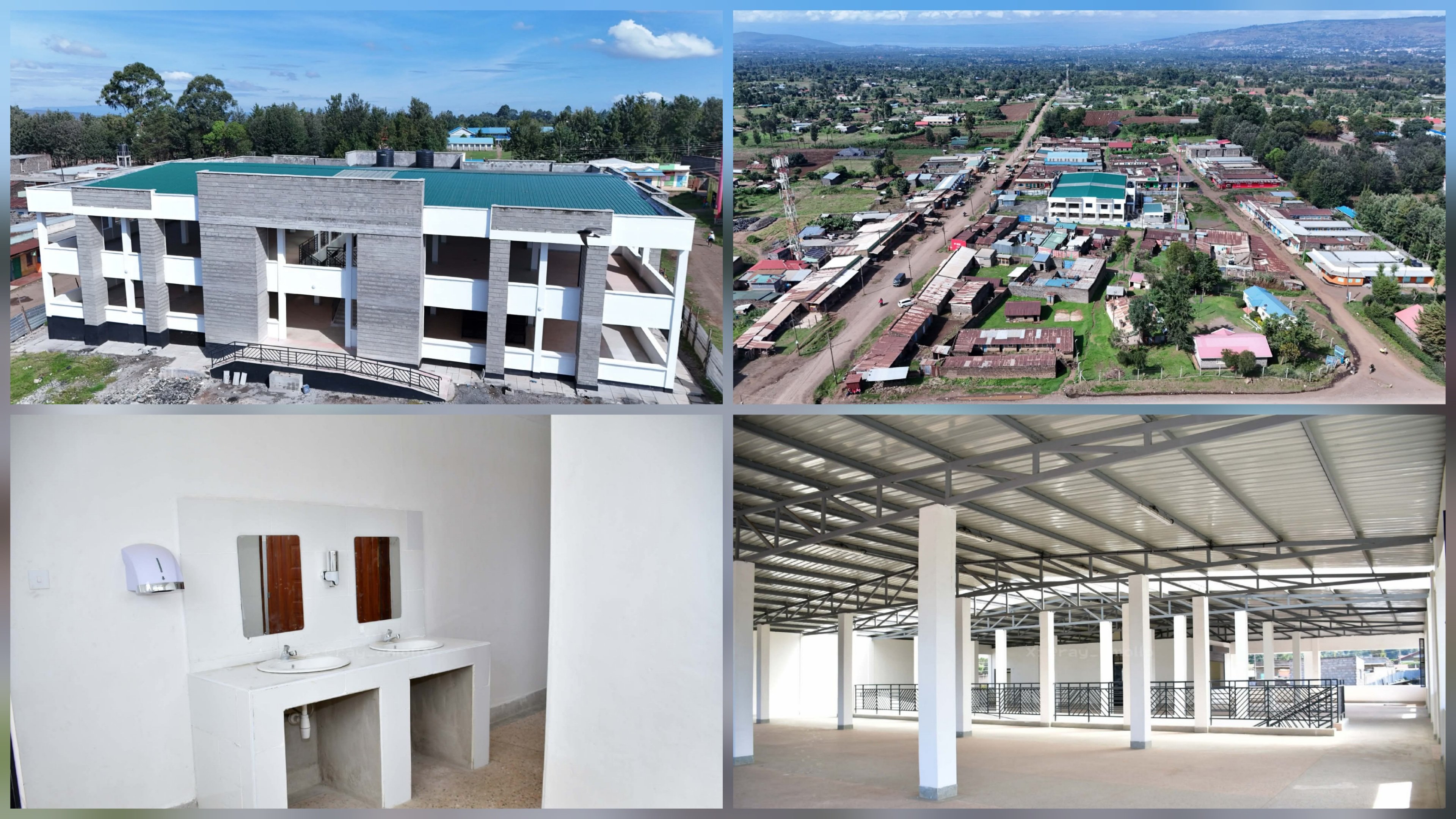 Aerial and interior views of the newly completed Kabatini ESP Market in Nakuru, showing the two-story white and grey building, a large metal water tank, and the internal stall framework.