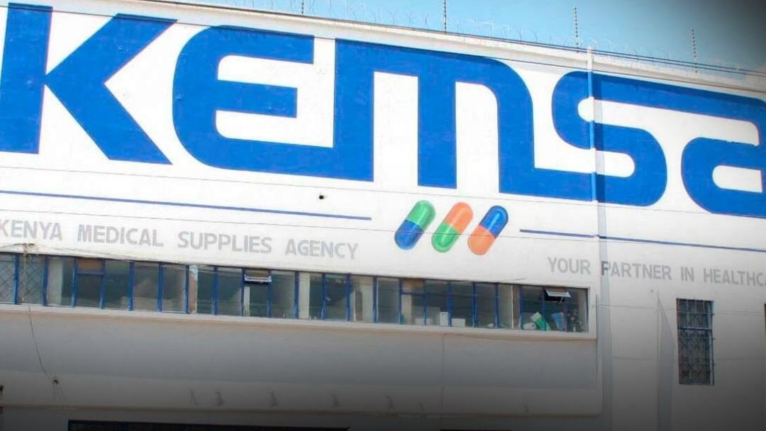 The exterior signage of the Kenya Medical Supplies Authority headquarters building in Nairobi.