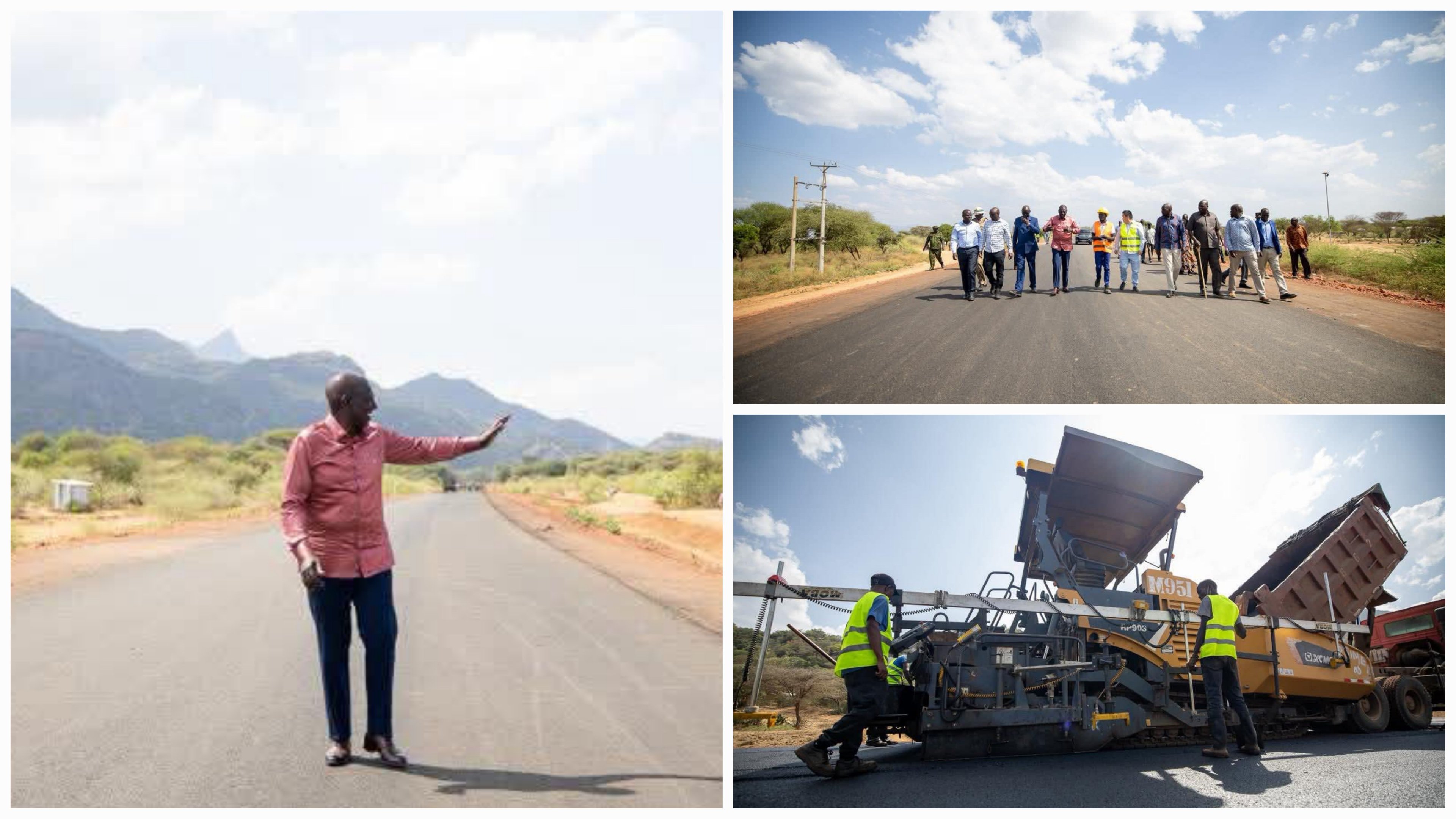 President Ruto inspects a graded road section cutting through the arid landscape of the Kerio Valley toward the Marich Pass.
