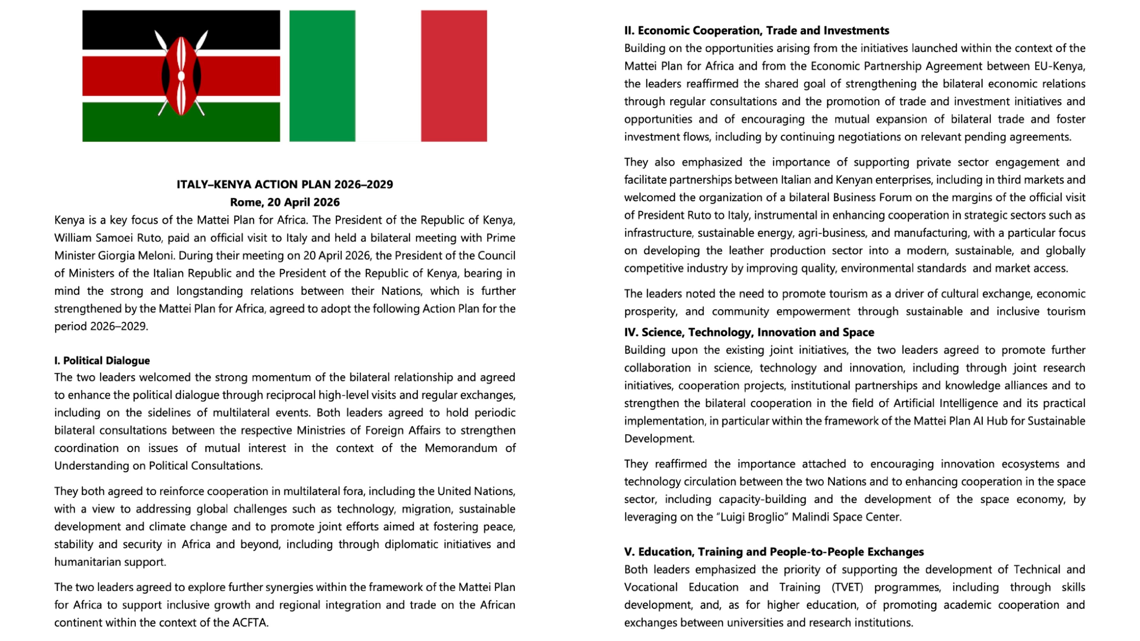 Nairobi and Rome sign four-year Action Plan for infrastructure and trade