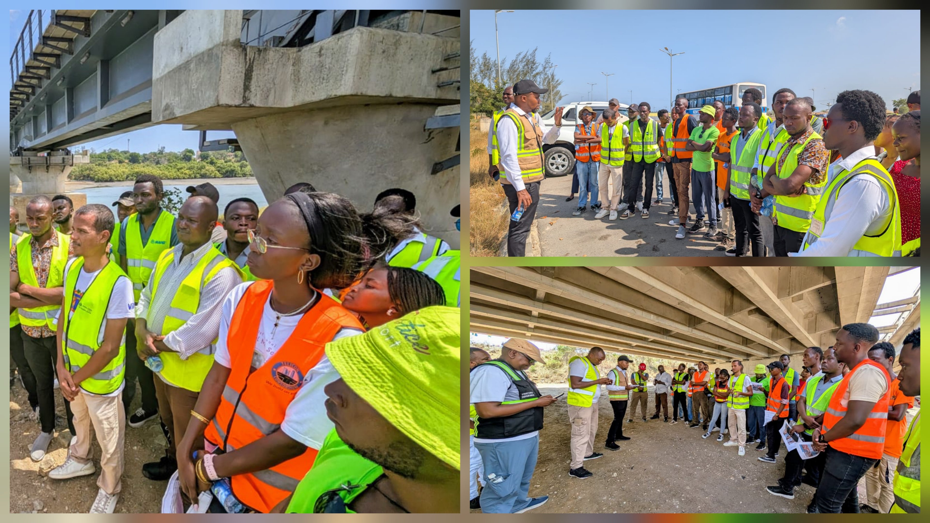 A group of civil engineering students and KeNHA officials wearing safety vests and helmets standing underneath a large concrete bridge structure during a technical site visit.